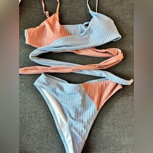 Mauve / Light Blue Wrap Top Bikini